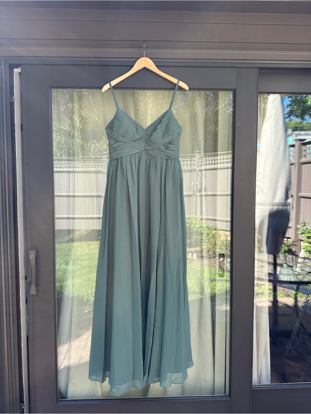 Azazie Eucalyptus Green Spaghetti Strap Maxi Dress